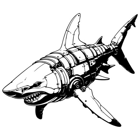 Aggressive mechanical shark with robotic body design ideal for sci fi coloring pages futuristic posters and concept artのイラスト素材