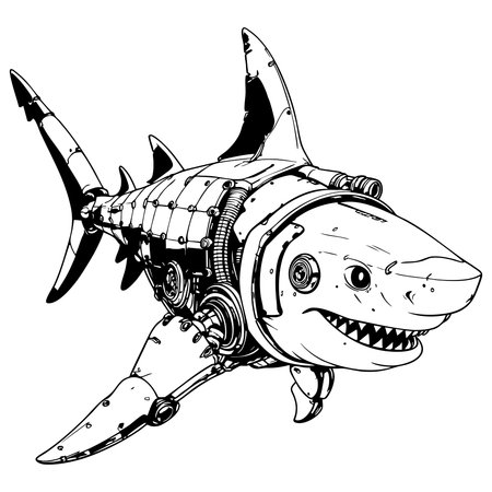 Large robotic shark with mechanical fins illustrated in detailed black and white science fiction styleのイラスト素材