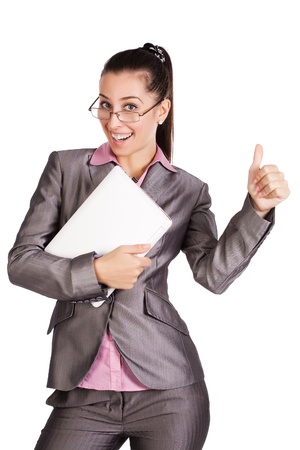 happy businessman portret  with laptop  isolatedの写真素材