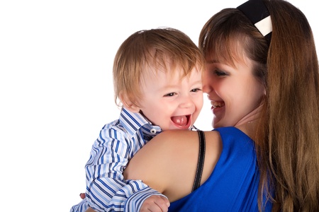 happy Mom and Baby on a white  isolatedの写真素材