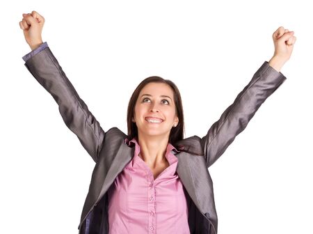 successful businesswoman is raising her hands upの写真素材