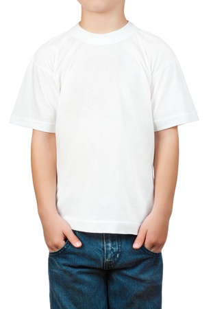 white t-shirt on a little boyの写真素材