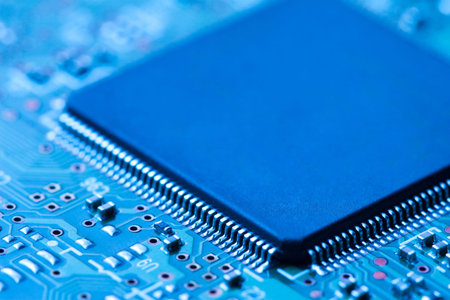 close-up of electronic circuit board with chip