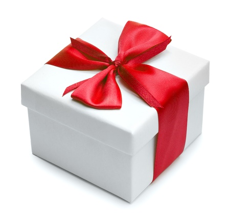 White box anf pink bow and ribbon  isolatedの写真素材