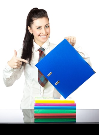 happy girl with office folders  isolatedの写真素材