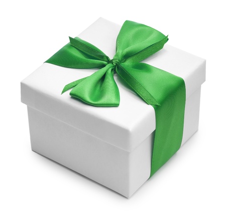 White box anf pink bow and ribbon  isolatedの写真素材