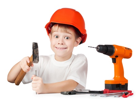 cheerful little boy with toolsの写真素材