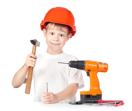  boy with hammer and screwdriverの写真素材
