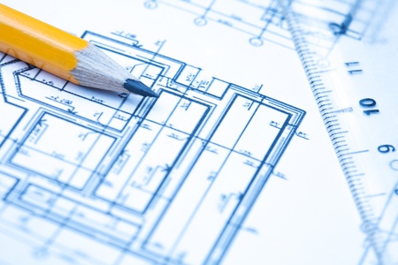 engineering and architecture drawings with pencilの写真素材