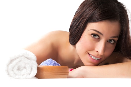 beautiful brunette is relaxing in the spa  isolatedの写真素材
