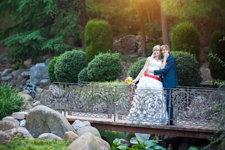 happy newlyweds are hugging in the green parkの写真素材