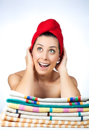 funny girl with towel on hairの写真素材