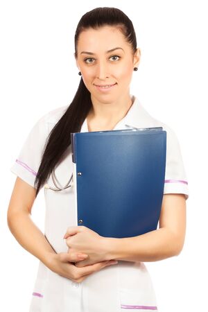 woman doctor with documents isolated on white backgroundの写真素材