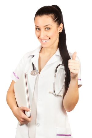 doctor in white coat is showing a thumbs-up gestureの写真素材