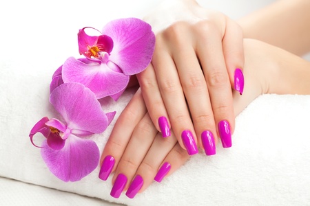 female hands with fragrant orchid and towel  Spaの写真素材