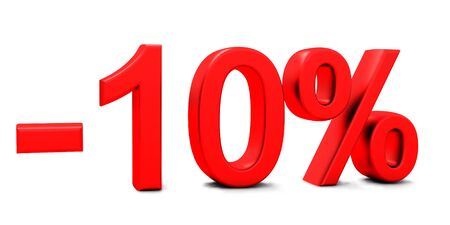 3D rendering of a 10 per cent in red letters on a white backgroundの写真素材