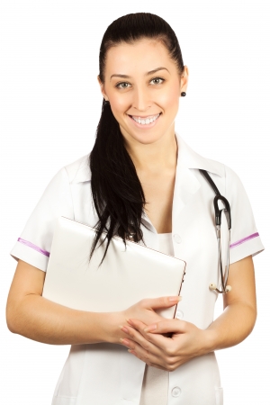 woman doctor with documents isolated on white backgroundの写真素材