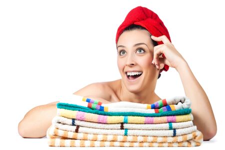 The young attractive girl with towel on hairの写真素材