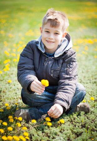  happy boy with dandelions in a green park  summerの写真素材