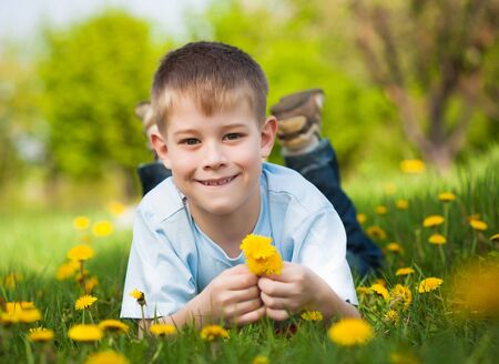 boy with dandelions in a green park  summerの写真素材