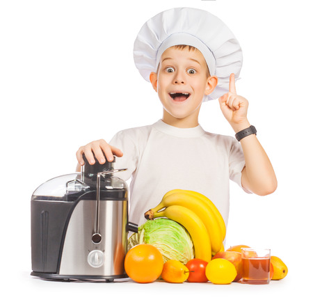 happy Scullion is pressing the juice from the fruit. isolatedの写真素材