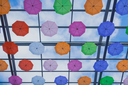 Street decorated with colored umbrellasの写真素材