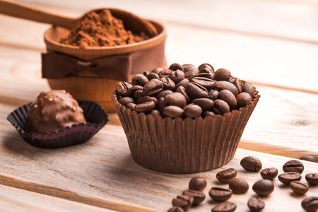 chocolate, coffee beans and cocoaの写真素材