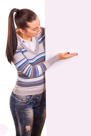 cute woman holding a banner isolatedの写真素材