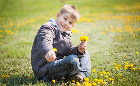 Boy plays with flowersの写真素材