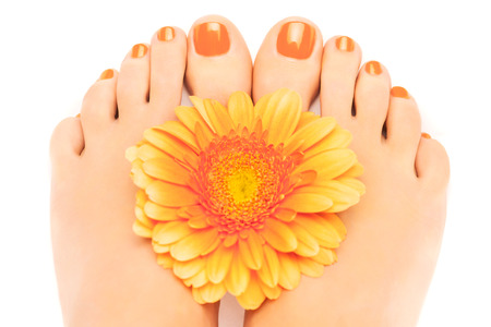 beautiful orange manicured nails with gerberaの写真素材