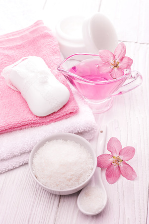 sea salt and essential oils, pink flower. spaの写真素材