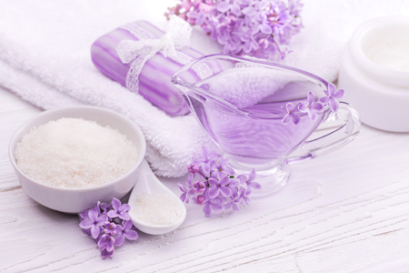 sea salt and essential oils, purple lilac. spaの写真素材
