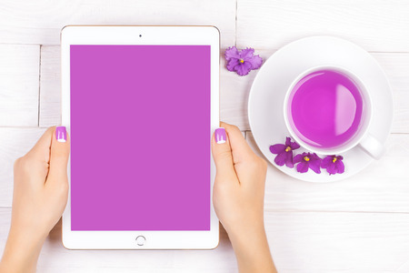 beautiful french manicure with purple violet flowersの写真素材