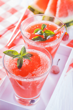 Watermelon smoothie in a white box. Selective focusの写真素材