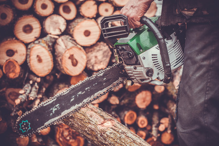 Close up of male hands cutting trunk with chainsawの写真素材