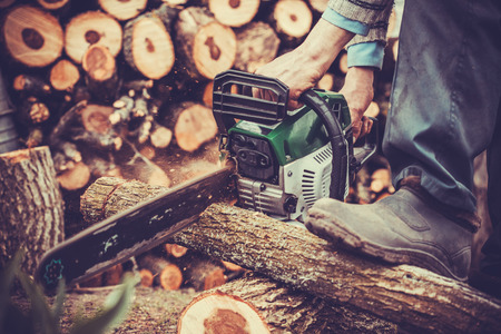 Close up of male hands cutting trunk with chainsawの写真素材