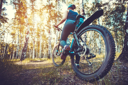 low angle view of cyclist riding mountain bike in the forest at sunsetの写真素材