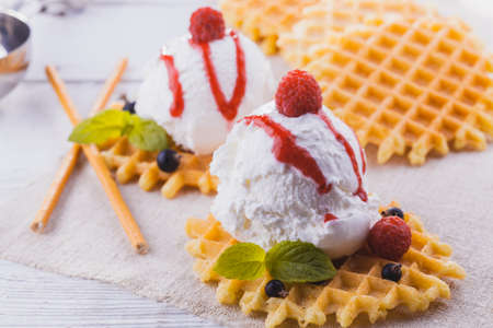 Vanilla Ice Cream with Mint and waffles. Homemade Organic product. On the white wooden table.の写真素材