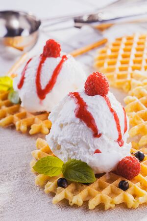 Vanilla Ice Cream with Mint and waffles. Homemade Organic product. On the white wooden table.の写真素材