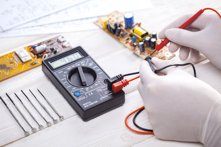 close up of Electronic technician measure electricityの写真素材