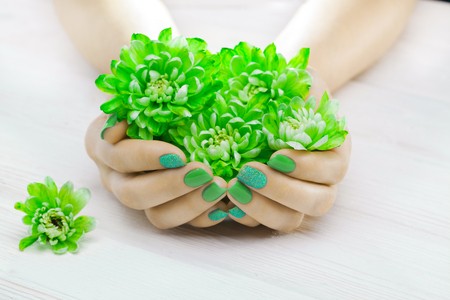 beautiful green manicure with chrysanthemum and towel on the white wooden table. spaの写真素材
