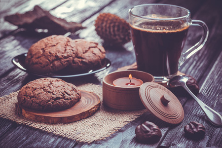 Homemade chocolate cookies on wooden black table background.の写真素材