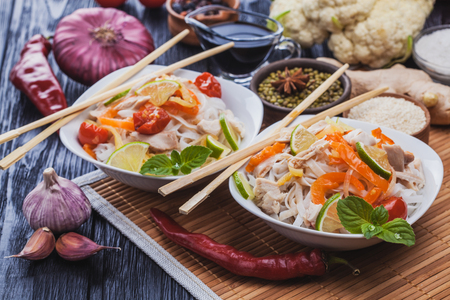 delicious Korean rice noodles with chicken.の写真素材