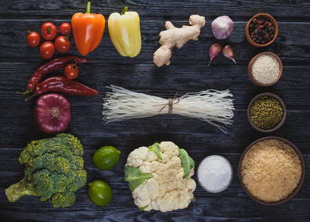 raw ingredients of oriental cuisine from rice noodlesの写真素材