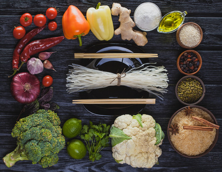 raw ingredients of oriental cuisine from rice noodlesの写真素材