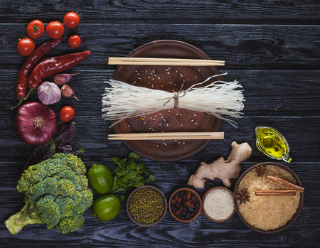 raw ingredients of oriental cuisine from rice noodlesの写真素材