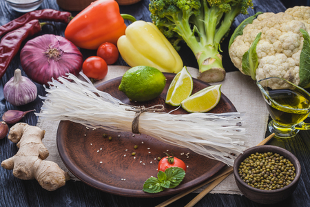 raw ingredients of oriental cuisine from rice noodlesの写真素材