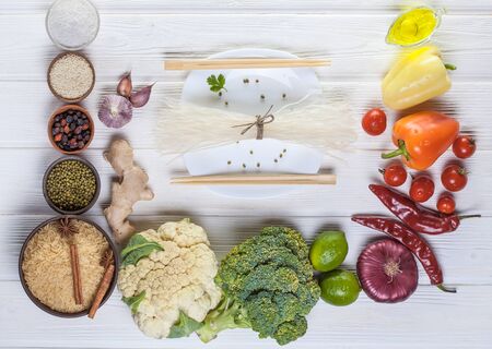 raw ingredients of oriental cuisine from rice noodlesの写真素材