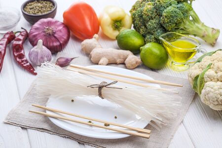 raw ingredients of oriental cuisine from rice noodlesの写真素材