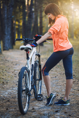 cyclist cycling mountain bike on Pine forest trailの写真素材